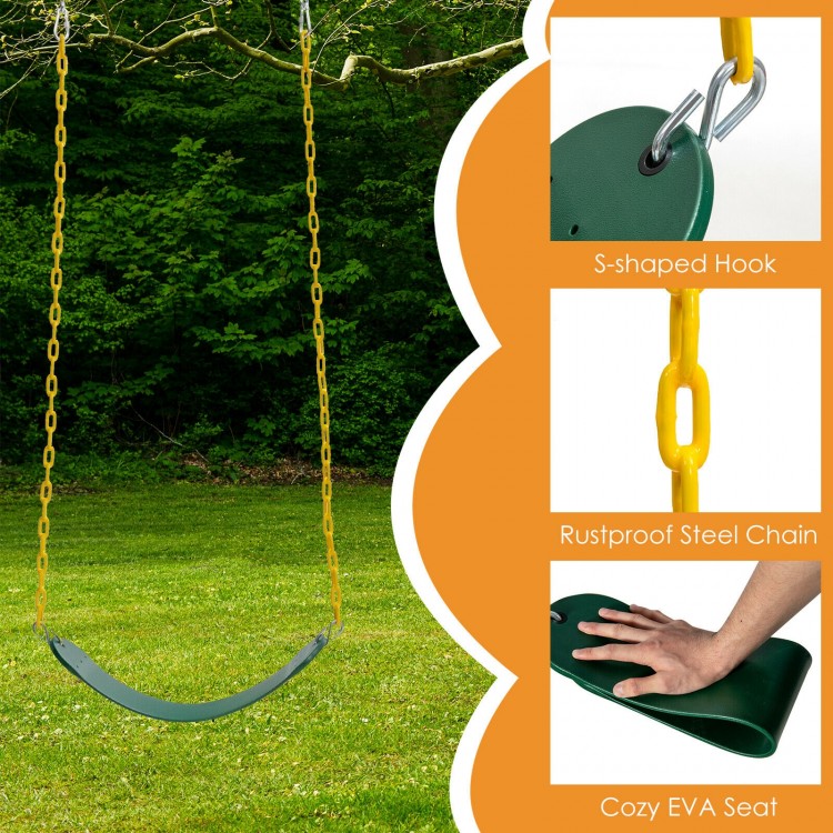 U-shaped green swing seat with rustproof steel chain, designed for outdoor fun and comfort for kids.