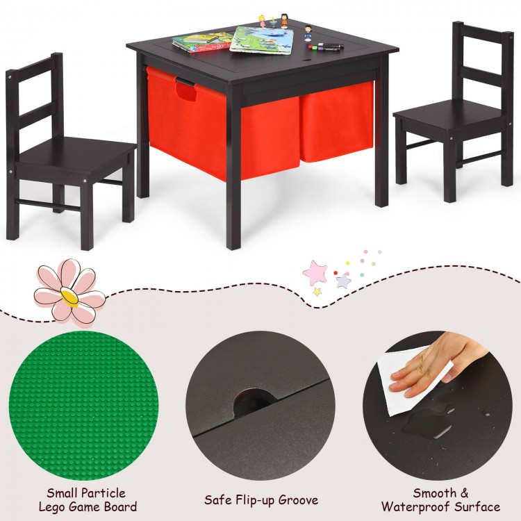 Kids activity table with two chairs in dark brown, featuring storage drawers and a smooth, waterproof surface for.