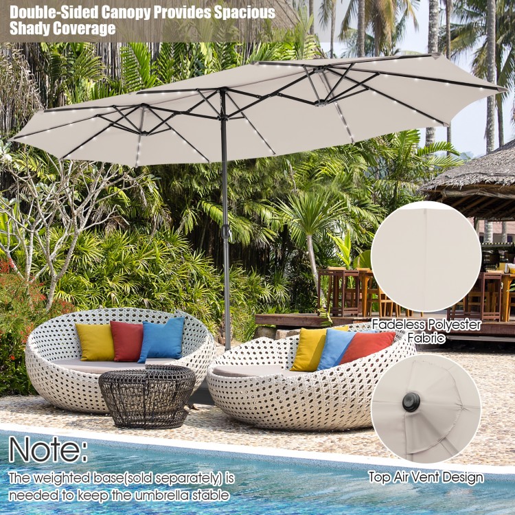 Double-sided 15-foot patio umbrella in beige with solar LED lights, perfect for spacious outdoor coverage and.