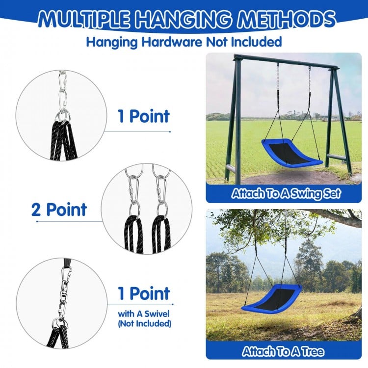 60-inch blue platform swing with adjustable ropes, durable Oxford fabric, suitable for backyard and park use.