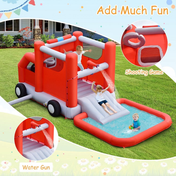 Fire truck-themed inflatable bounce house with slide and water spray, perfect for backyard fun for kids.