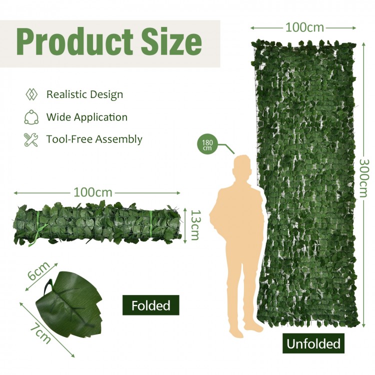 Folded artificial ivy privacy fence screen measuring 100 cm x 13 cm, featuring 1696 realistic leaves for easy transport.