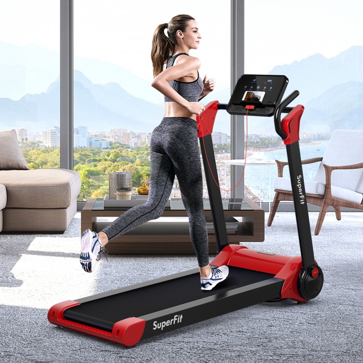 Folding electric treadmill with 2.25 HP motor, LED display, and phone holder for home or office workouts.