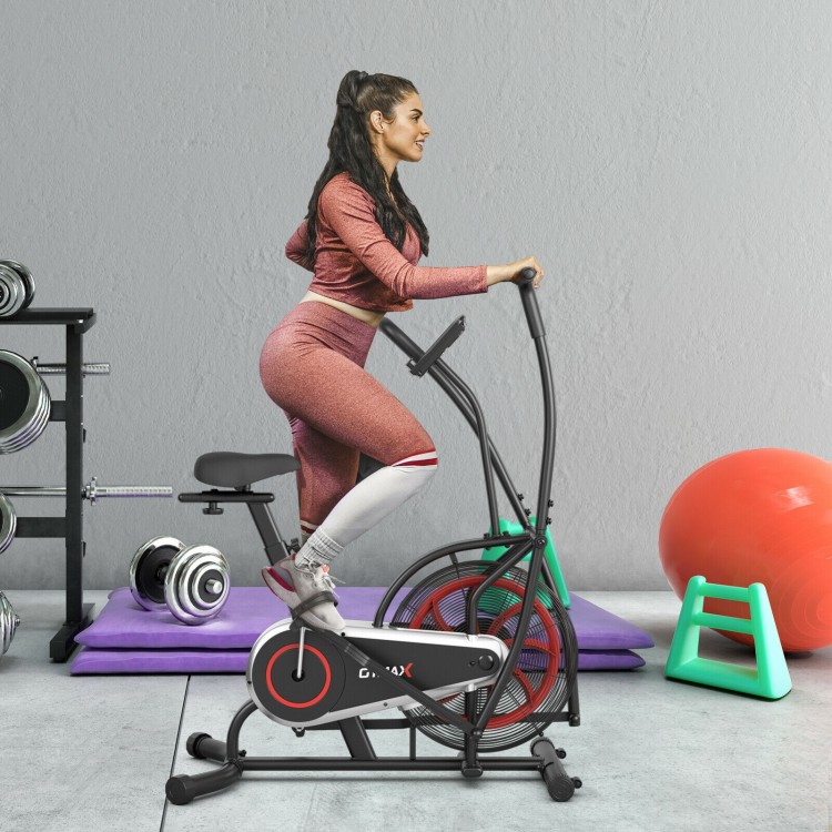 Upright air bike with adjustable seat and LCD display, designed for full body workouts and personalized resistance.