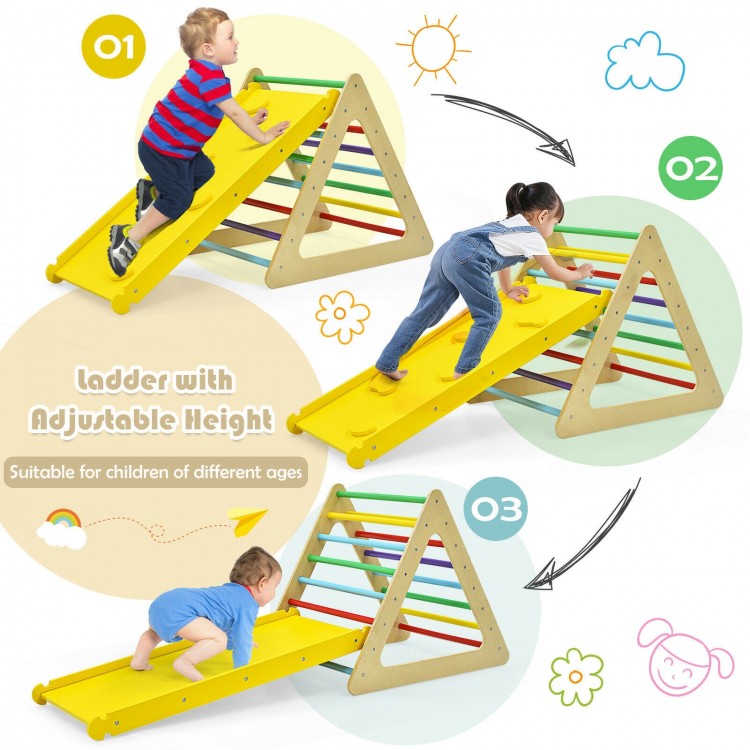 3-in-1 wooden triangle climber set with adjustable ramp, designed for kids' climbing and sliding, safe for ages 3+.