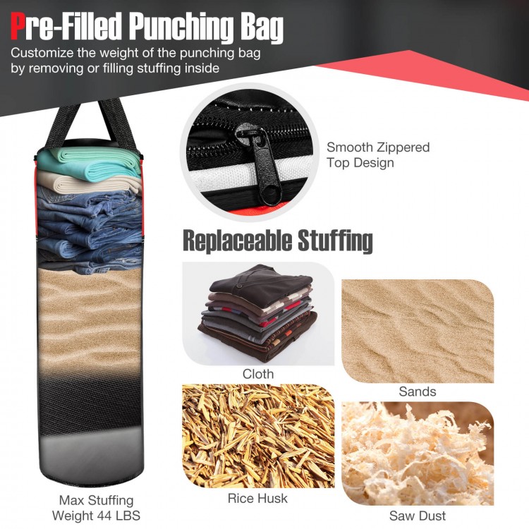 Kids hanging punching bag set with replaceable stuffing, durable materials, and included gloves for safe training.