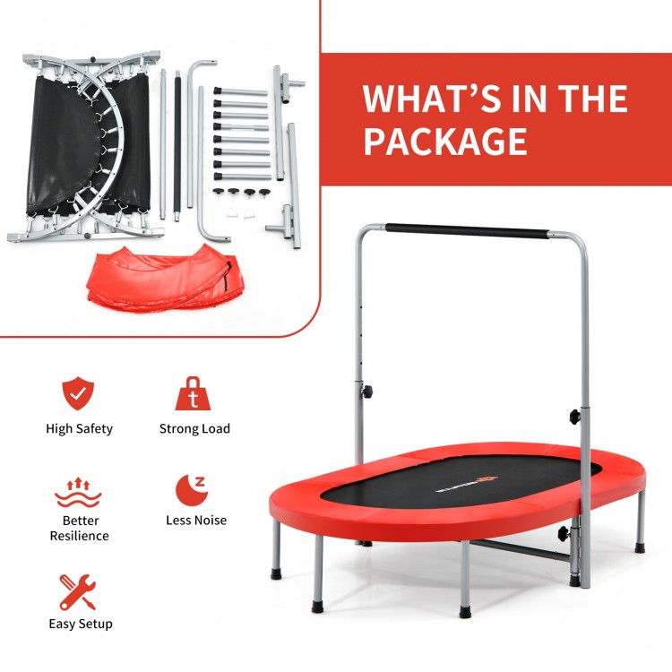 Foldable mini kids trampoline in red with adjustable height, sturdy steel frame, and foam-padded handle for safety.