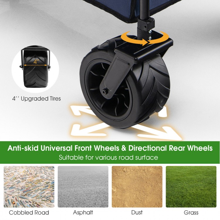 Folding utility garden cart with 4'' upgraded wheels, adjustable handle, and anti-skid design for various terrains.