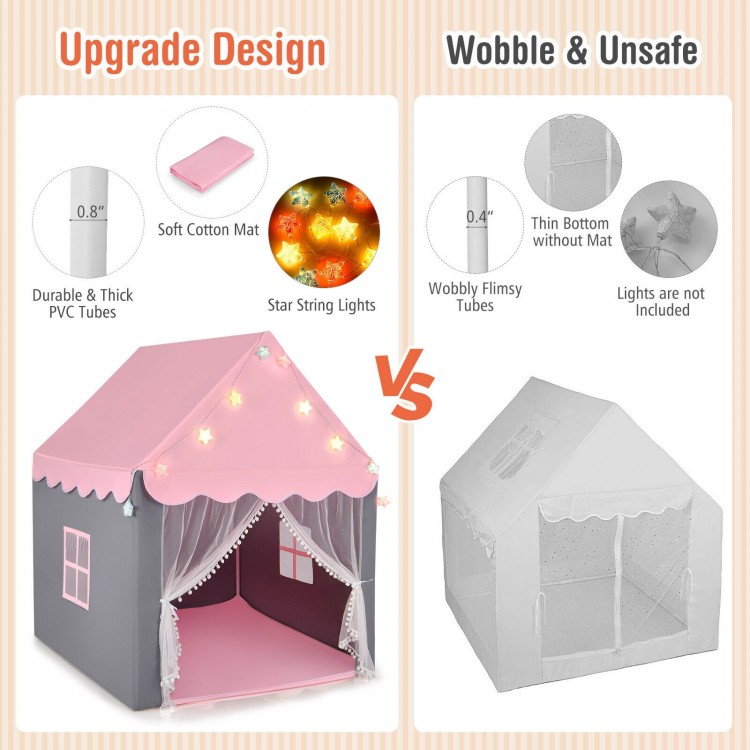 Kids playhouse tent in pink with star lights, cotton mat, and durable PVC tubes for safe indoor fun.
