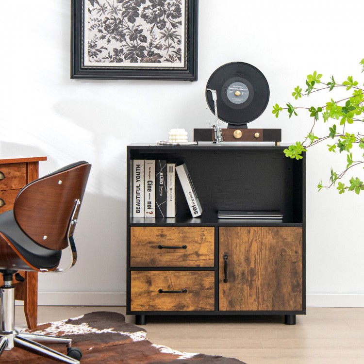 Kitchen storage buffet sideboard in black with rustic brown, featuring 2 drawers, 1 cabinet, and an open shelf for.