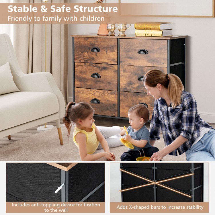 6-drawer storage chest in rustic brown with fabric drawers and wooden top, featuring X-shaped bars for stability.