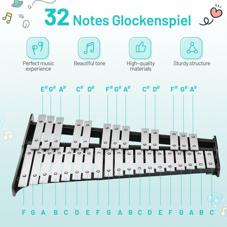 32-note Xylophone Educational Glockenspiel Wooden Base Solid