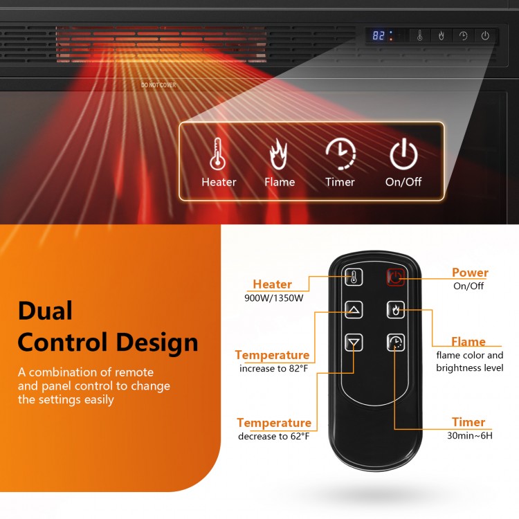 28-inch electric fireplace with remote control, featuring adjustable heat settings and realistic flame effects for cozy.