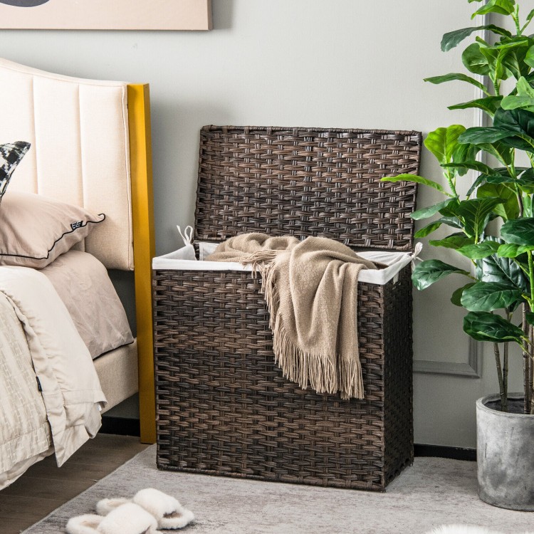 Brown 3-section laundry hamper with removable liner bag, built-in handles, and waterproof PE rattan for easy sorting.