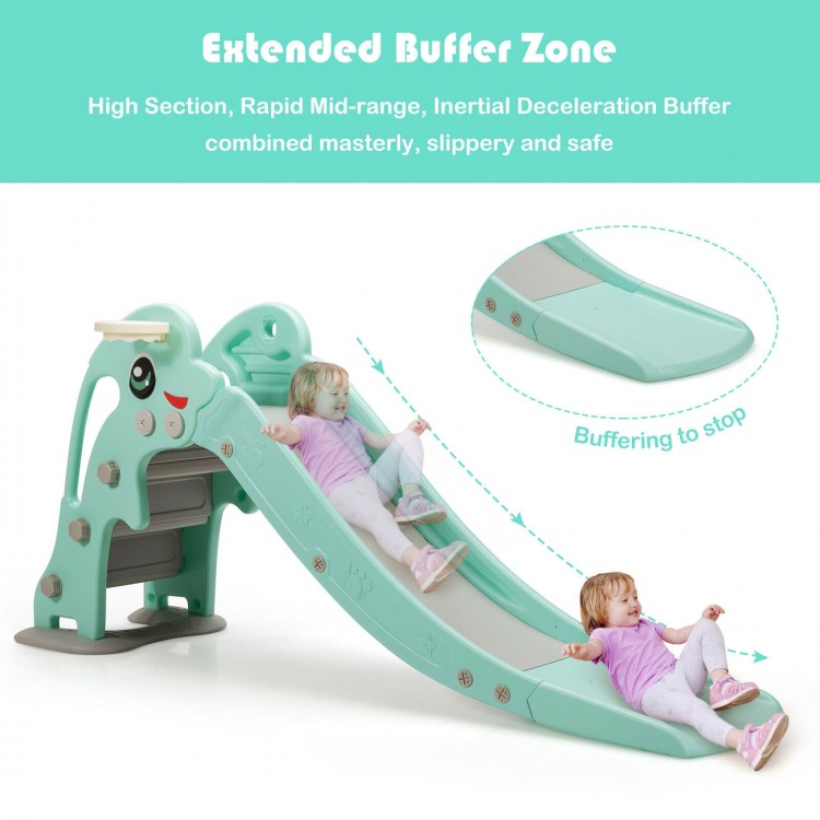 Kids climber slide play set in green with climbing ladder, basketball hoop, and smooth, safe sliding surface for ages.
