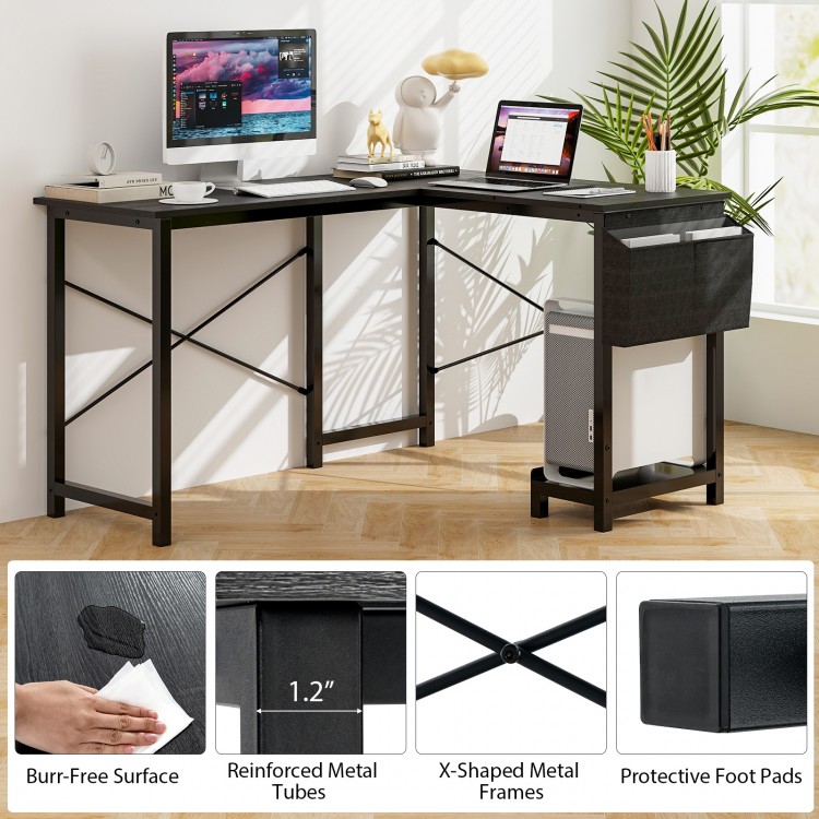 Dark gray L-shaped computer desk with reinforced metal tubes and easy-clean surface, perfect for home office efficiency.