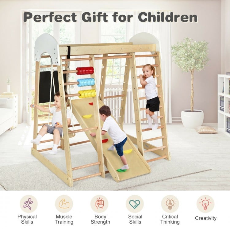 Wooden 8-in-1 indoor playground climbing gym for children, promoting physical skills and creativity in a safe design.
