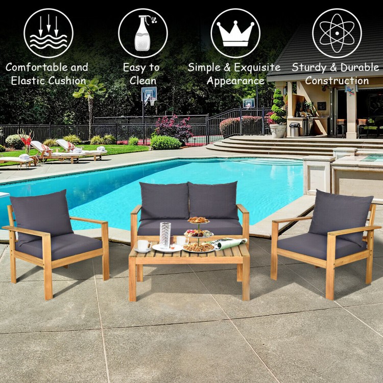 4-piece outdoor acacia wood chat set with removable cushions, perfect for patio or poolside relaxation.