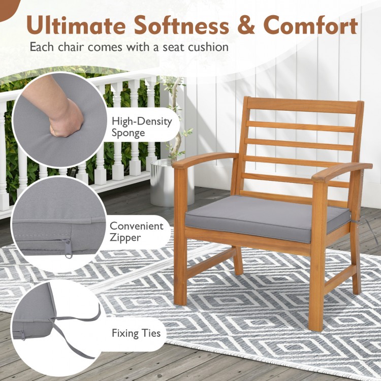 Outdoor chair with gray seat cushion, sturdy acacia wood frame, ergonomic design for comfort, ideal for patio use.