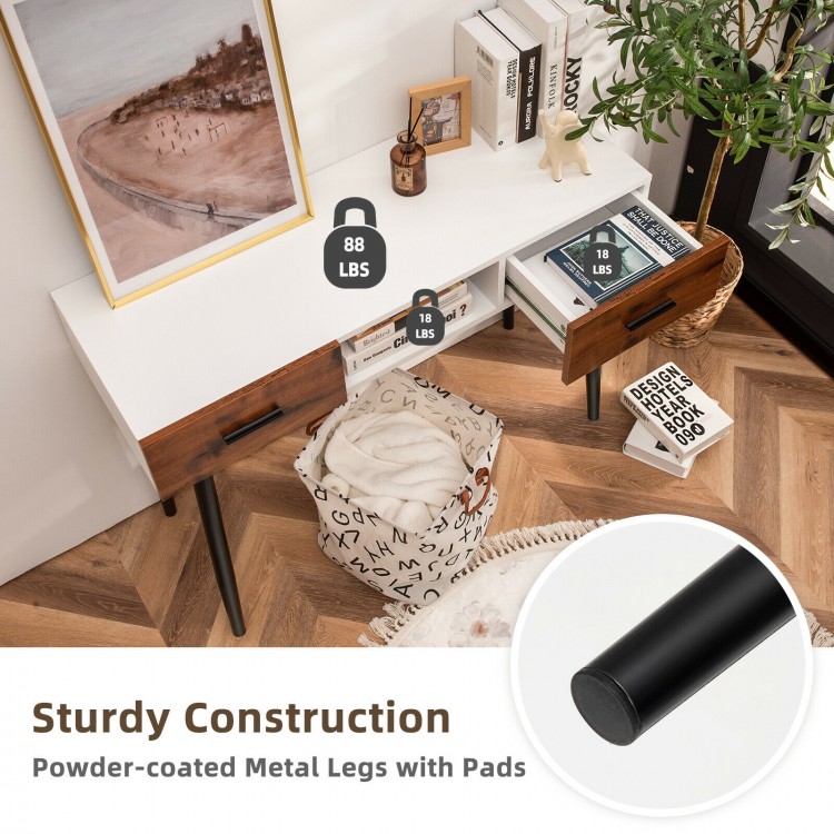 42-inch industrial console table with two drawers, featuring powder-coated metal legs and a sleek design for entryway.