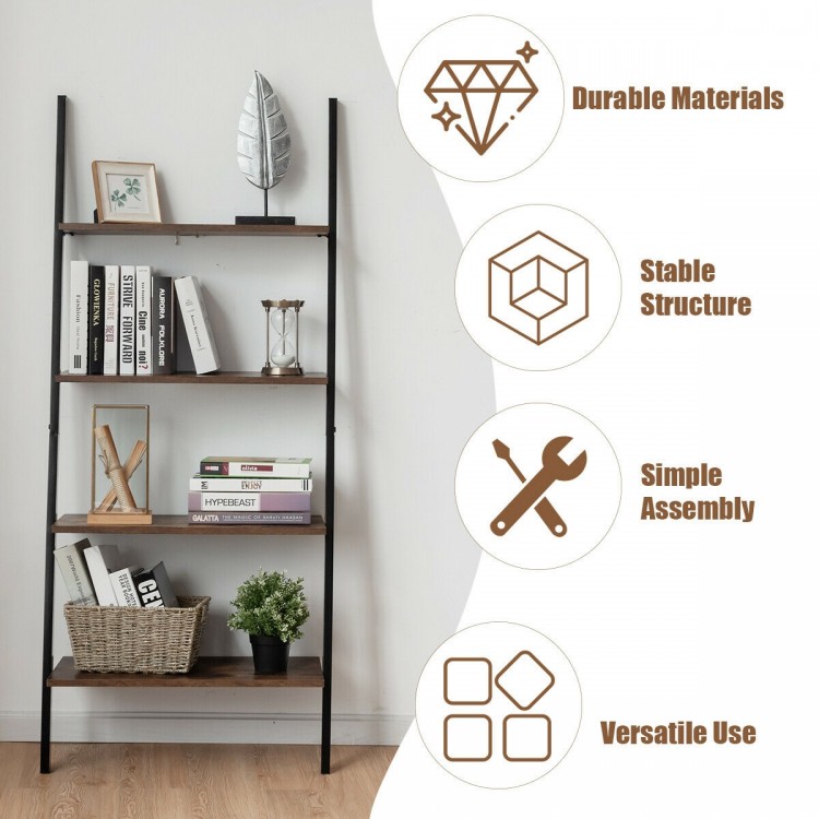 4-tier industrial leaning wall bookcase in brown with metal frame, perfect for storing books and decor in a rustic.