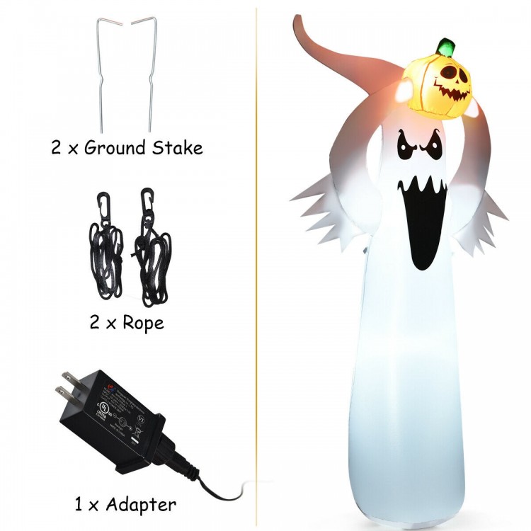 6 feet Halloween inflatable ghost with pumpkin, LED lights, and ground stakes for stable outdoor decoration.