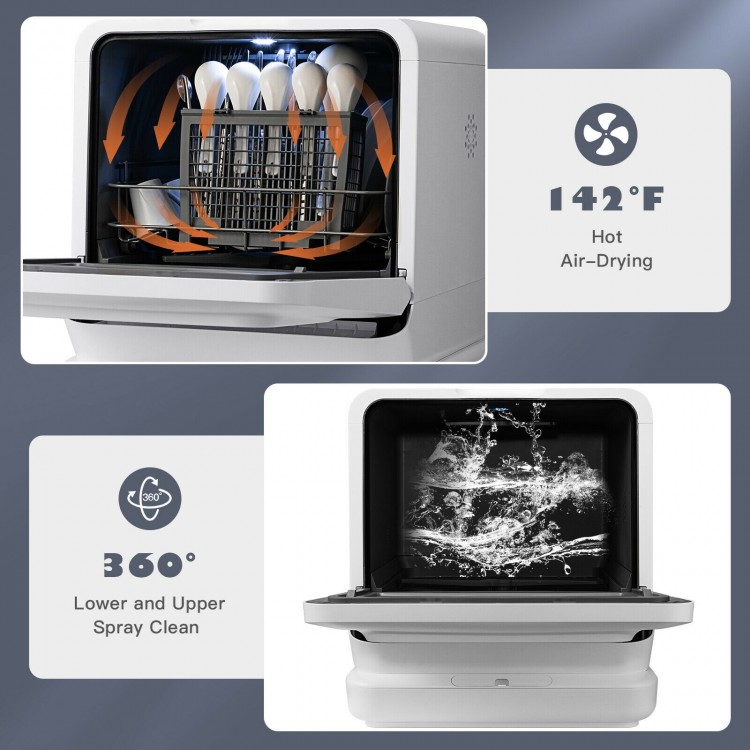 Portable countertop dishwasher with 5 programs, 7.5L tank, 360° spray cleaning, and hot air drying feature.