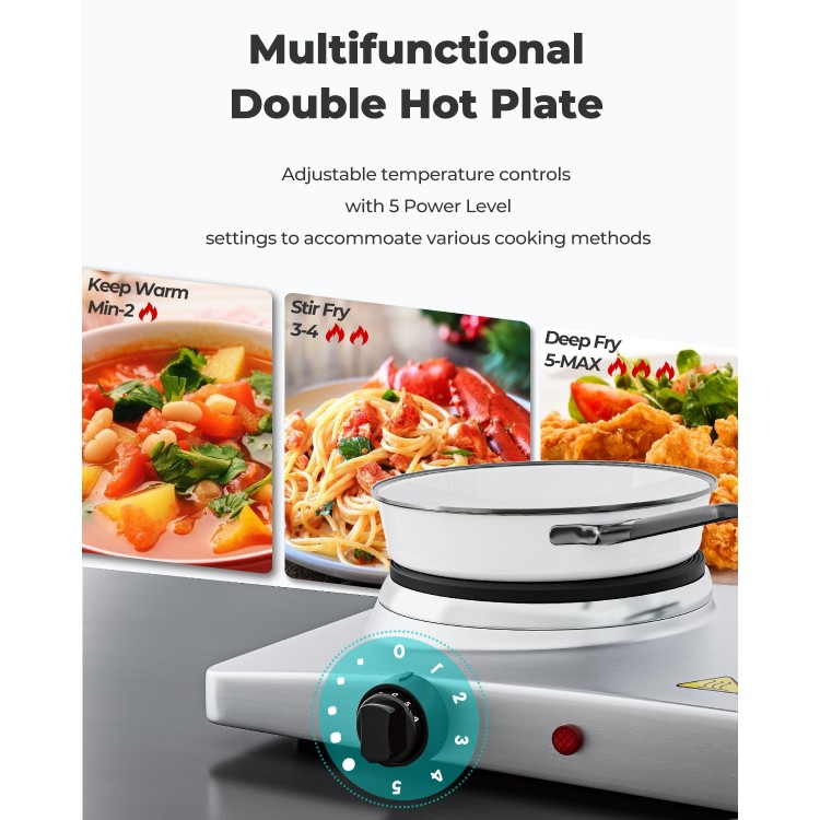 Double hot plate with stainless steel surface, featuring adjustable temperature controls for versatile cooking methods.