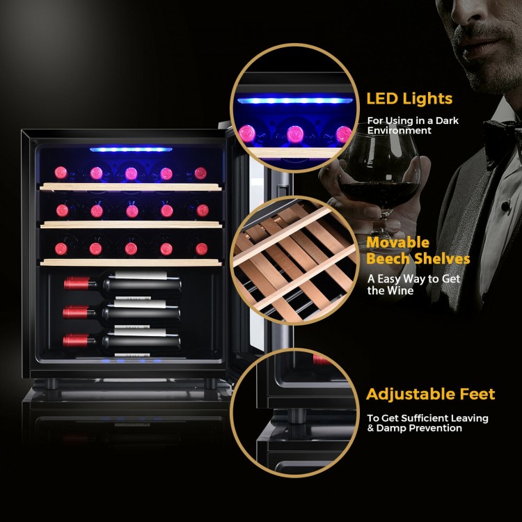 21-bottle wine cooler with digital control, movable beech shelves, LED lights, and anti-UV glass door for optimal.