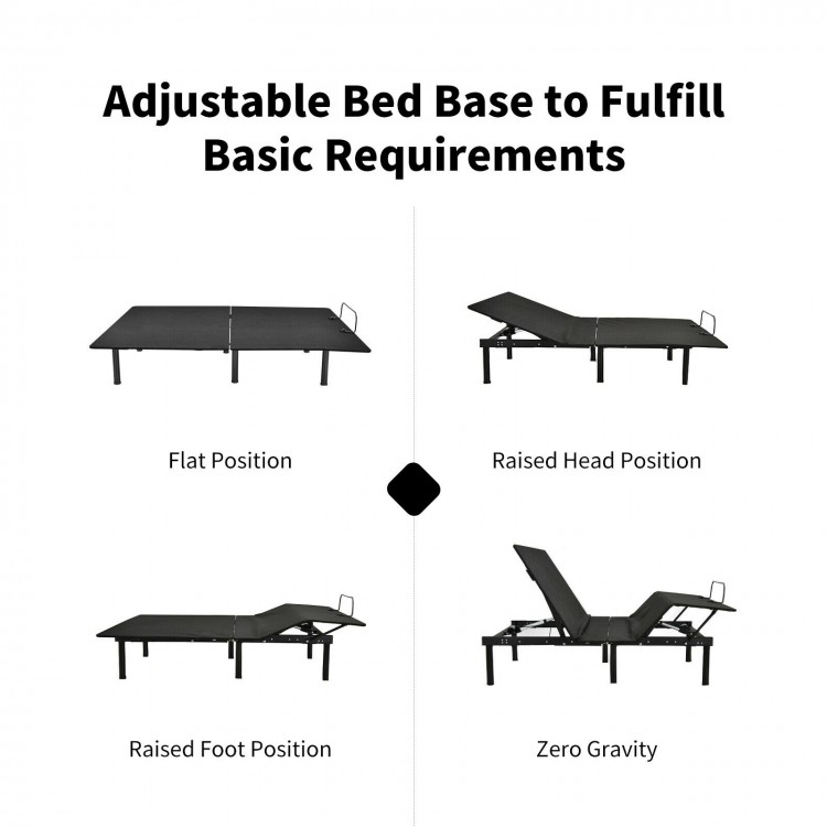 Queen size adjustable bed base frame in flat and raised positions, featuring wireless remote control and durable steel.