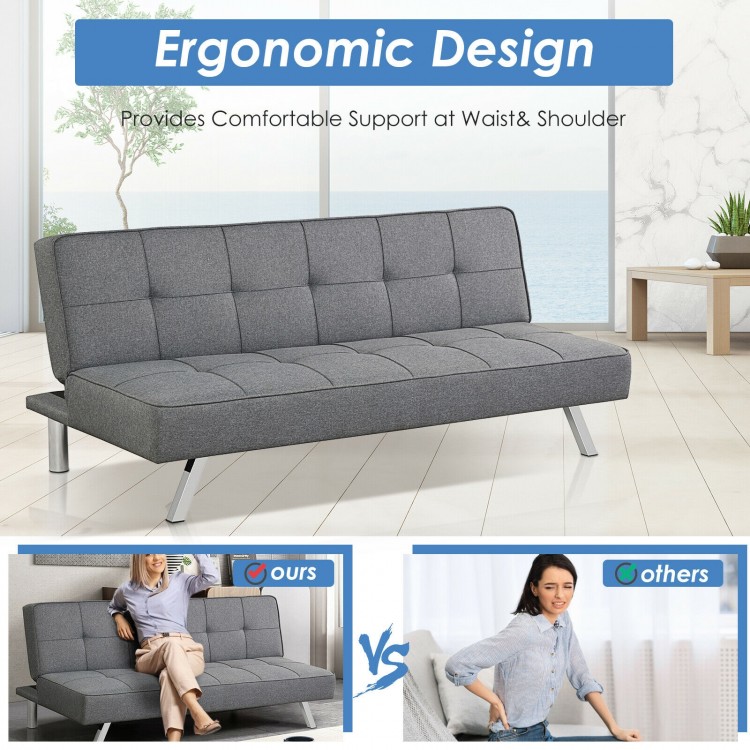 3-seat convertible sofa bed in gray linen fabric with adjustable angles for comfort, perfect for small apartments.