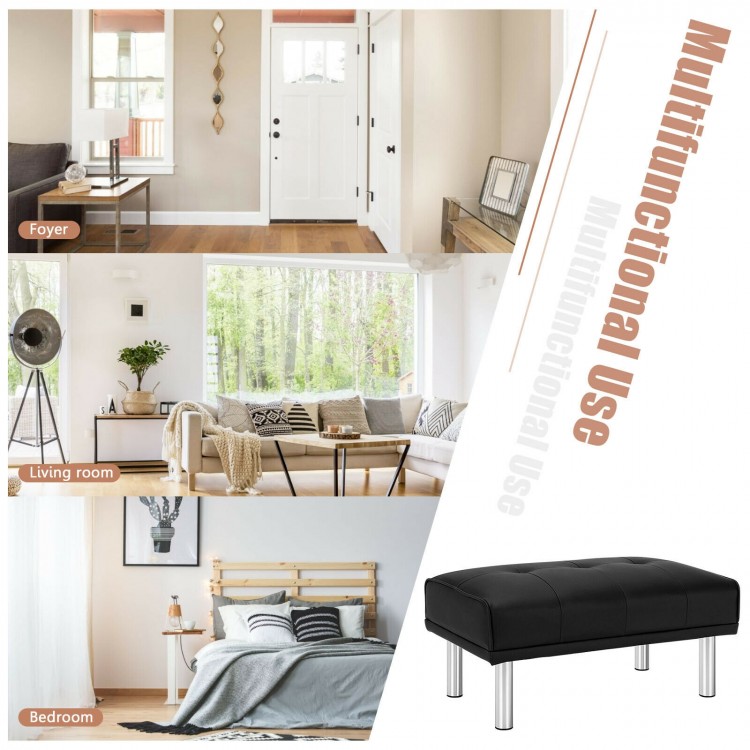 Rectangle tufted ottoman in black with stainless steel legs, ideal for living room, bedroom, or hallway use.