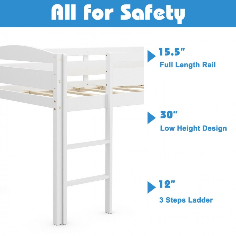 Wooden twin low loft bunk bed in white with 15.5" guard rail, 30" low height design, and 12" three-step ladder for.