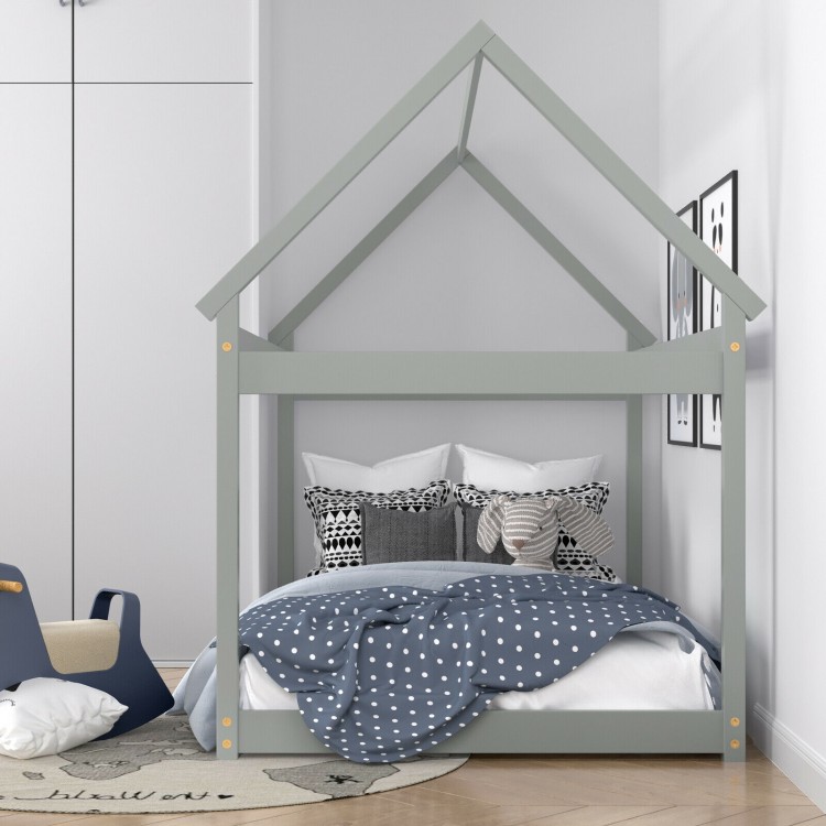 Gray kids platform floor bed with roof, sturdy wooden frame, designed for durability and fun DIY options.