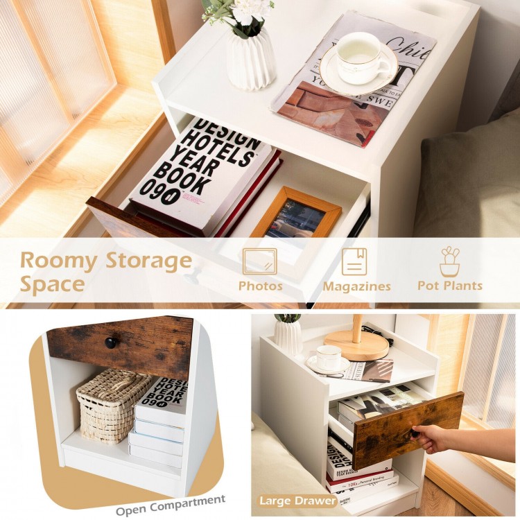White nightstand set featuring a spacious top, large drawer, and open compartment for versatile storage in any room.