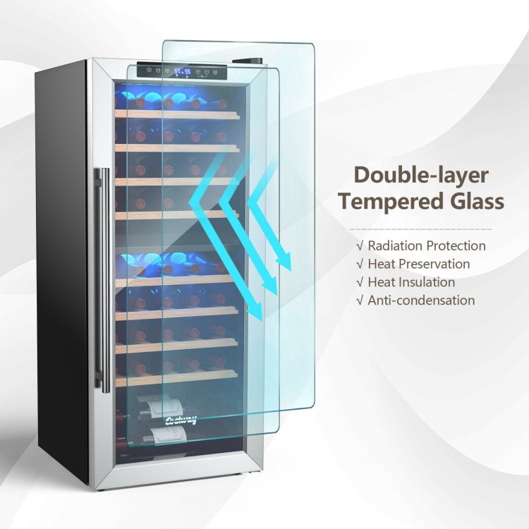43-bottle wine cooler with dual temperature control, stainless steel door, and double-layer tempered glass for.