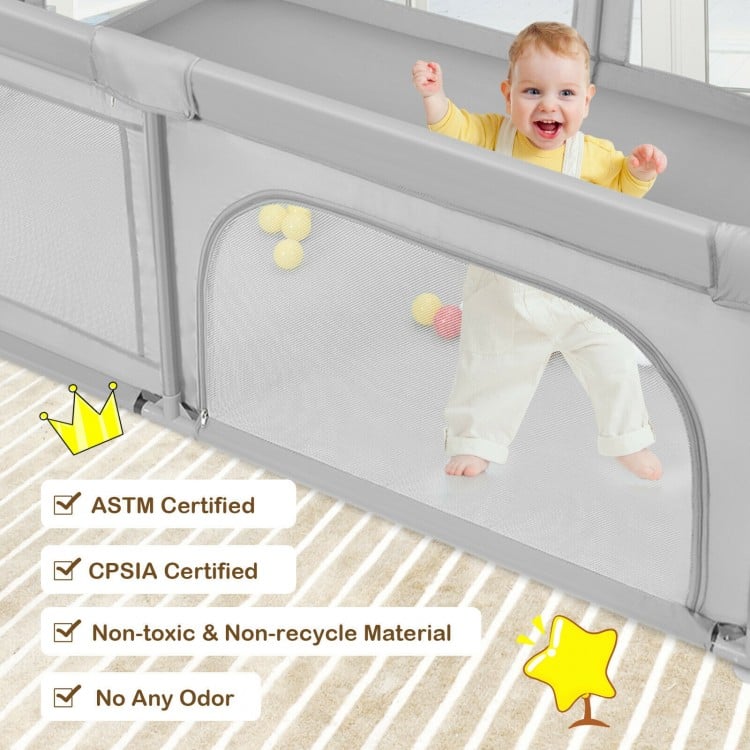 Extra-large gray safety baby fence with 50 ocean balls, featuring a 27'' height panel for standing and walking support.