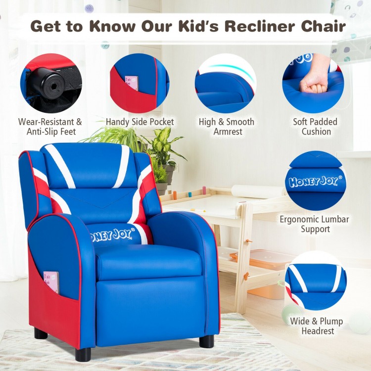 Kids leather recliner chair in blue with adjustable backrest, side pockets, and ergonomic support for comfort.