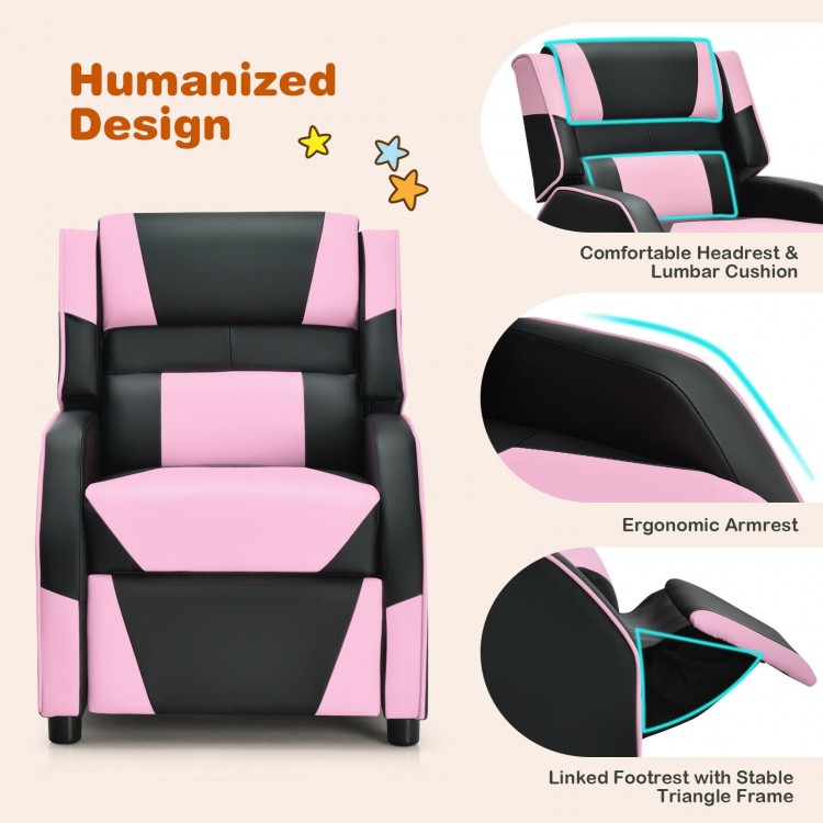 Kids youth PU leather gaming sofa recliner in pink with ergonomic design, adjustable footrest, and headrest for comfort.