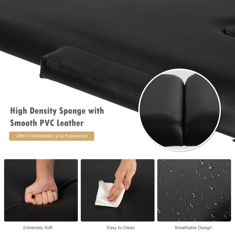 Portable adjustable massage bed in black with high-density sponge and PVC leather for comfortable spa treatments.
