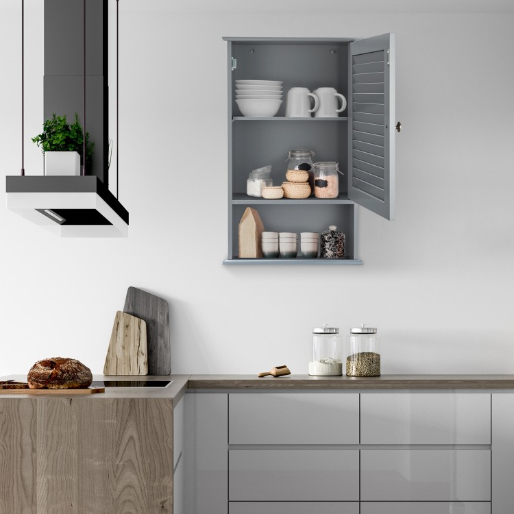 Gray wall-mounted storage cabinet with adjustable shelves, ideal for organizing bathroom essentials and maximizing.