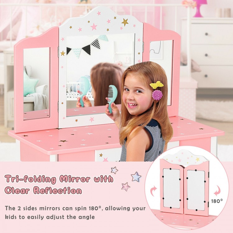 Kids pink vanity table set with tri-folding mirror, featuring star patterns and a detachable design for versatile use.