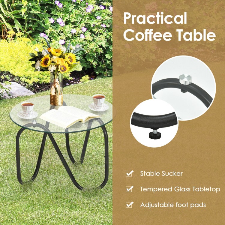 Patio coffee table with tempered glass top and adjustable foot pads, perfect for outdoor use and easy to clean.