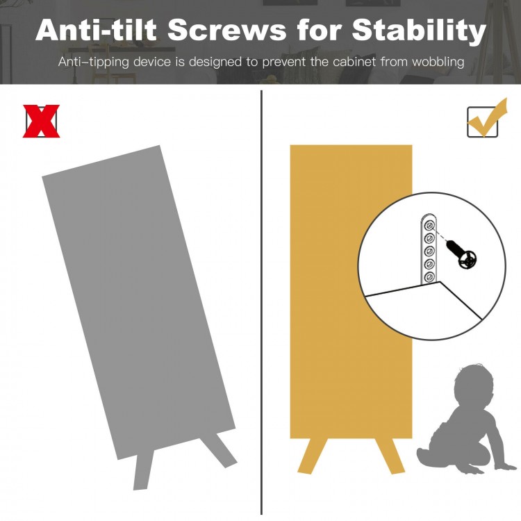 Free-standing storage cabinet with 2 doors and 3 drawers, featuring anti-tilt screws for added stability and safety.