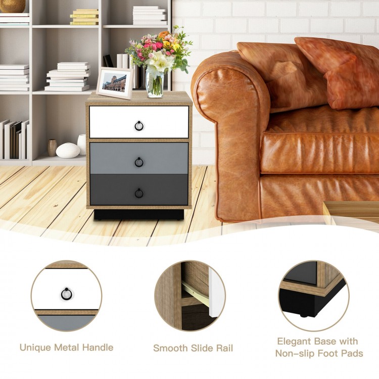 Nightstand with drawer and cabinet in industrial style, featuring engineered wood and unique metal handle for versatile.