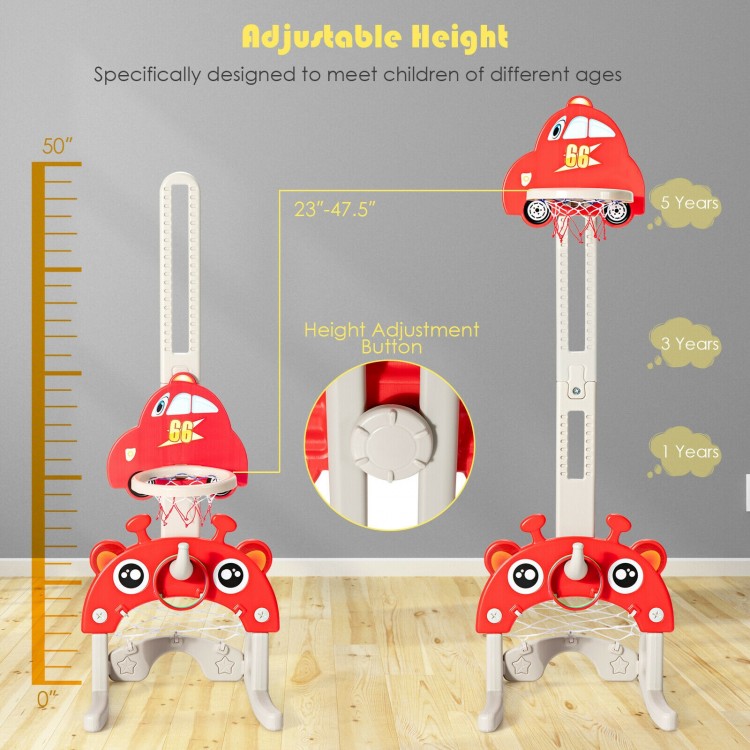 3-in-1 adjustable height basketball hoop playset in red, designed for kids with football and ring toss games for active.