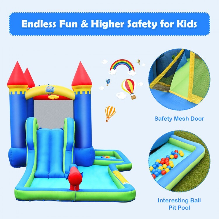 Kids inflatable bounce house water slide with colorful ball pit, mesh netting, and castle design for outdoor fun.