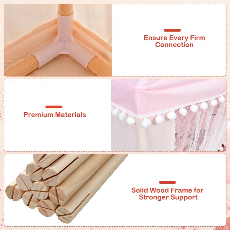 Kids play tent with solid wood frame, pink oxford cloth, and thick mat for indoor and outdoor fun and comfort.