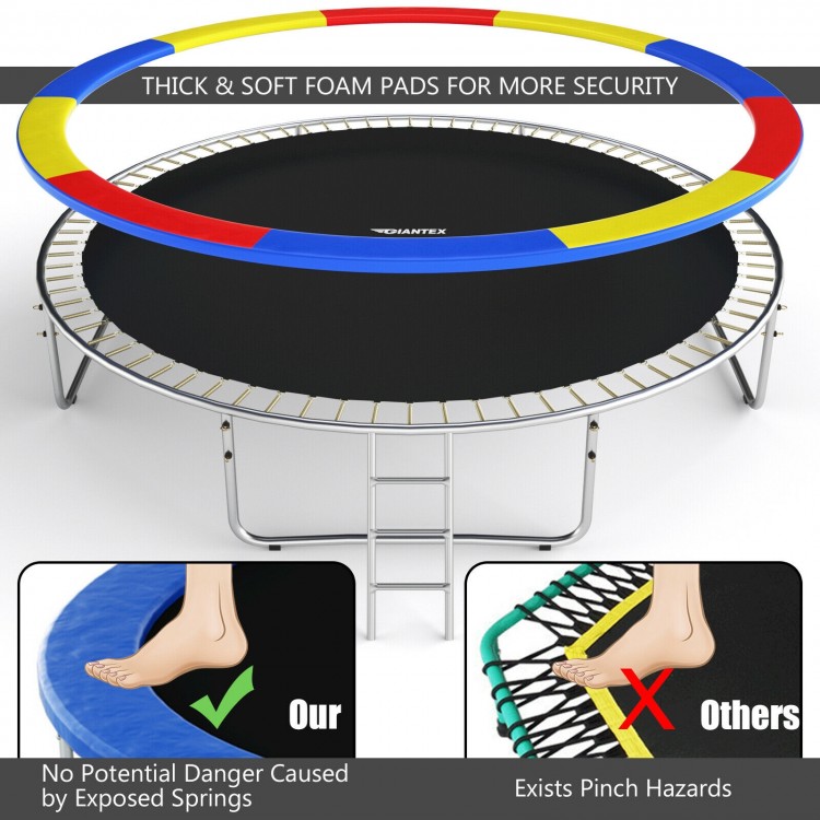 14 feet trampoline with safety enclosure net, colorful foam pads, and ladder for secure outdoor fun for kids and adults.