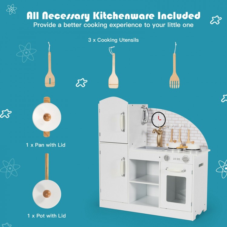 Kids kitchen playset featuring a pot, pan with lid, and cooking utensils for realistic pretend play and organization.